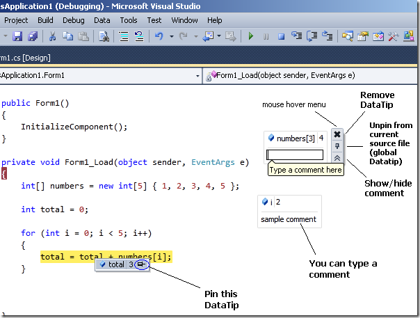 How to use DataTips in Visual Studio 2010